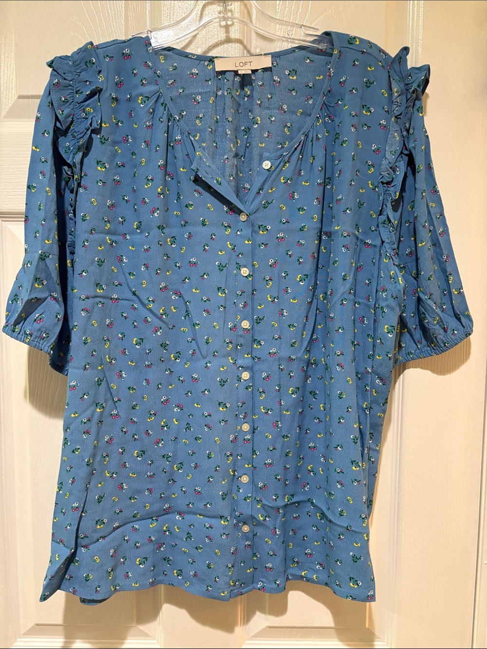 LOFT Blue Floral Ruffle-Sleeve Button Front Top